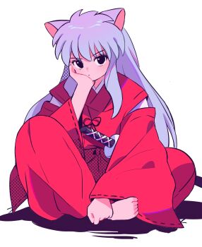 Rule 34 | 1boy, animal ears, barefoot, black eyes, butterfly sitting, closed mouth, commentary request, dot mouth, dot nose, hair between eyes, hand on own face, head rest, highres, inuyasha, inuyasha (character), long hair, long sleeves, male focus, purple hair, red robe, robe, sanamaru (sana79261827), simple background, sitting, solo, sword, very long hair, weapon, white background, wide sleeves