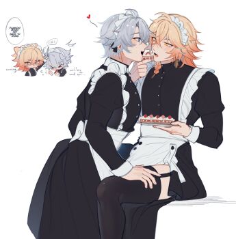 2boys absurdres antenna_hair apron black_choker black_dress black_thighhighs blonde_hair blue_eyes blush braid choker commentary crossdressing crossdressing_(mtf) dessert dress english_commentary food gradient_hair hand_on_another's_thigh highres holding holding_food holding_plate honkai:_star_rail honkai_(series) maid_apron maid_headdress male_focus medium_hair multicolored_hair multiple_boys mydei_(honkai:_star_rail) parted_bangs phainon_(honkai:_star_rail) plate red_hair short_hair side_braid simple_background sn0w_002 thighhighs white_background white_hair yaoi yellow_eyes