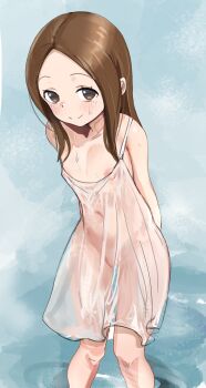 1girl 2025 absurdres beach blush brown_eyes brown_hair cinn_angl dress female_focus flat_chest highres karakai_jouzu_no_takagi-san legs loli long_hair looking_at_viewer navel nipples nude ocean see-through_clothes smile solo standing stomach sweat tagme takagi-san thighs wet wet_clothes white_dress