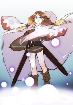 1girl astl_t belt blonde_hair blue_eyes braid closed_mouth dress final_fantasy final_fantasy_tactics full_body geomancer_(fft) gloves hood long_hair looking_at_viewer magic robe solo twin_braids twintails white_mage white_mage_(fft) white_mage_(final_fantasy)