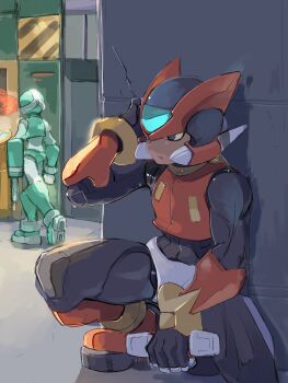 absurdres armor blonde_hair forehead_jewel helmet hiding highres holding long_hair male_focus mega_man_(series) mega_man_zero_(series) omochi_(mochi_skymega) pantheon_(mega_man) red_armor red_helmet solo_focus zero(z)_(mega_man) zero_(mega_man)