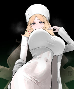 1girl azz0422 black_background blonde_hair blue_eyes breasts breath caitlin_(pokemon) commentary covered_navel dress hat heart highres large_breasts long_hair looking_at_viewer nintendo parted_bangs pokemon qr_code simple_background solo sweatdrop white_dress white_hat