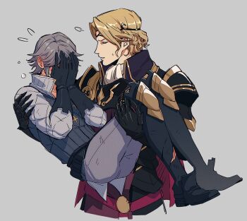 2boys aristocratic_clothes armor blonde_hair carrying covering_own_eyes covering_own_mouth fire_emblem fire_emblem_fates grey_hair highres laslow_(fire_emblem) multiple_boys nintendo prince princess_carry sophie_(693432) tiara xander_(fire_emblem) yaoi