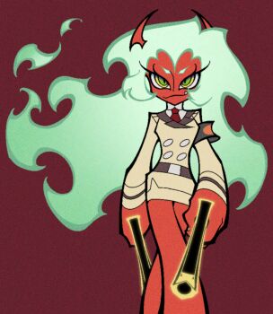 Rule 34 | 1girl, chinese commentary, colored skin, commentary request, demon girl, demon horns, demon tail, green eyes, green hair, gun, holding, holding gun, holding weapon, horns, long hair, looking at viewer, panty &amp; stocking with garterbelt, quminghaomafan893, red skin, scanty (psg), solo, tail, weapon