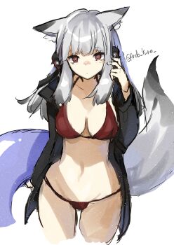 1girl andou_yuna arknights bikini bikini_under_clothes black_jacket breasts cowboy_shot cropped_legs frostleaf_(arknights) grey_hair groin hand_up headphones highres implied_extra_ears jacket large_breasts long_hair open_clothes open_jacket red_bikini red_eyes simple_background sketch solo swimsuit twitter_username white_background