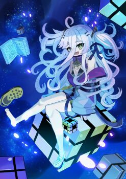 1girl absurdres ahoge black_bra bra breasts cleavage_cutout clothing_cutout commentary crocs cube dress full_body grey_hair haikuyomi_(819) hair_between_eyes hair_ornament hair_ribbon hairclip hashtag-only_commentary henya_the_genius henya_the_genius_(1st_costume) highres jacket long_bangs long_hair looking_at_viewer off_shoulder open_mouth partially_unzipped purple_dress purple_jacket purple_ribbon ribbon sidelocks single_bare_foot sitting sky sleeveless sleeveless_dress small_breasts smile solo space star_(sky) starry_sky two_side_up underwear very_long_hair virtual_youtuber vshojo