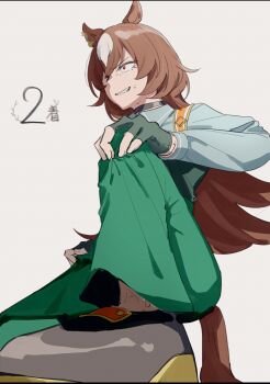 1girl animal_ears brown_hair commentary_request from_below full_body green_pants grey_shirt highres horse_ears horse_girl horse_tail long_sleeves nanami_(nunnun_0410) pants red_eyes shirt simple_background sirius_symboli_(umamusume) solo sweatdrop tail umamusume veins white_background white_streaks wide-eyed