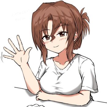 1girl arm_under_breasts blush breasts brown_hair cleavage collarbone folded_ponytail hayate_no_gotoku! maria_(hayate_no_gotoku!) red_eyes shirt simple_background sitting solo t-shirt waving_arm white_background