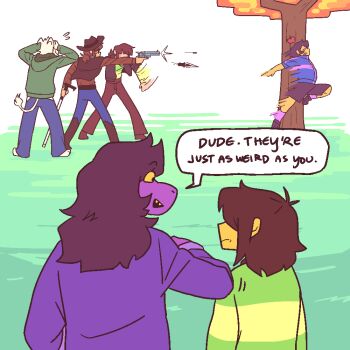 1boy 1girl 4others adoptive_siblings alt_text animated animated_gif antenna_hair apple_on_head arms_up asriel_dreemurr black_eyes blue_pants boots brown_boots brown_hair brown_jacket brown_pants brown_shirt brown_shorts brown_vest cane chara_(undertale) closed_mouth clover_(undertale_yellow) colored_sclera commentary deltarune denim duplicarto english_commentary english_text firing frisk_(undertale) furry furry_female furry_male green_jacket green_sweater gun hands_on_own_head holding holding_cane holding_gun holding_weapon hood hood_down hooded_jacket horns jacket jeans knife kris_(deltarune) long_hair long_sleeves looking_at_another low_ponytail multiple_others open_clothes open_jacket open_mouth pants pink_socks ponytail purple_jacket sharp_teeth shirt short-sleeved_jacket short_hair short_ponytail short_sleeves shorts socks speech_bubble susie_(deltarune) sweater tail teeth throwing_knife tree undertale undertale_yellow upper_teeth_only utdr_(toby_fox) vest weapon yellow_sclera