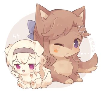 :p animal animal_focus animal_with_hair animalization black_hairband blonde_hair brown_dog brown_hair closed_mouth commentary_request dog hair_ornament hairband long_hair nako_(user_wnnm5534) no_humans one_eye_closed purple_eyes saijo_claudine shoujo_kageki_revue_starlight size_difference tendo_maya tongue tongue_out x_hair_ornament