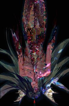 1girl absurdres bisected black_background black_hair blood blood_drip censored commentary english_commentary exposed_bone exposed_gusset facing_viewer fins glitch glitch_censor guro hair_over_one_eye head_fins highres long_hair looking_at_viewer mermaid monster_girl nipples nude organs original red_eyes ribs severed_hand simple_background solo twulfs upside-down