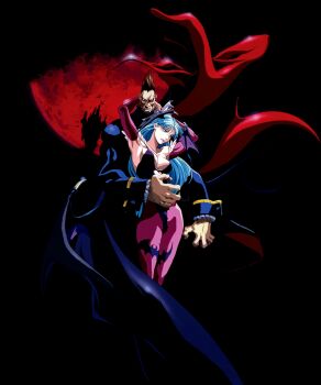 Rule 34 | 1990s (style), 1boy, 1girl, animal print, aqua eyes, aqua hair, armpits, bat print, bat wings, breasts, brown hair, cape, castle, cleavage, darkstalkers, demitri maximoff, demon girl, demon wings, head wings, highleg, highleg leotard, highres, large breasts, leotard, long hair, moon, morrigan aensland, multiple wings, night, no pupils, non-web source, official art, outdoors, pantyhose, print pantyhose, red moon, retro artstyle, vampire, wings