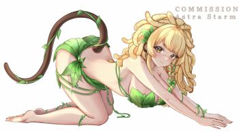 1girl all_fours animal_ears astra_starm bananajuju barefoot bikini blonde_hair breasts closed_mouth commission freckles hair_ornament highres indie_virtual_youtuber large_breasts leaf_bikini leaf_hair_ornament long_hair monkey_ears monkey_girl monkey_tail smile solo swimsuit tail virtual_youtuber white_background yellow_eyes