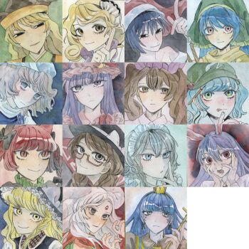 Rule 34 | 6+girls, :p, alternate costume, animal ears, black bow, black cloak, black dress, black hat, black vest, blonde hair, blue dress, blue eyes, blue hair, blue ribbon, blue shirt, blue vest, bow, braid, brown eyes, brown hair, brown shirt, cloak, closed mouth, clothing request, collarbone, collared shirt, contrast collar, doremy sweet, dress, facial mark, frilled headwear, gold, green bow, green dress, green hat, green headscarf, grey eyes, grey hair, hair between eyes, hair bobbles, hair bow, hair ornament, hands on own cheeks, hands on own face, haniyasushin keiki, hat, hat bow, hat ribbon, headpiece, headscarf, highres, himekaidou hatate, holding, houjuu chimi, izayoi sakuya, japanese clothes, kaenbyou rin, kawashiro nitori, kimono, kirisame marisa, kz m i, letty whiterock, long hair, maid headdress, matara okina, medium hair, michigami nareko, mob cap, multiple girls, necktie, newsboy cap, open mouth, patchouli knowledge, pom pom (clothes), purple dress, purple hair, purple hat, rabbit ears, red-framed eyewear, red bow, red eyes, red hair, red hat, red necktie, red ribbon, reisen udongein inaba, ribbon, shell, shell hair ornament, shirt, short hair, smile, sweat, tokin hat, tongue, tongue out, touhou, triangle, triangle facial mark, twin braids, usami sumireko, vest, watari nina, white bow, white hair, white hat, white headdress, white shirt, yellow eyes, yellow shirt