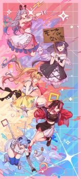 5girls ahoge angel_wings animal_ear_headphones animal_ears bang_dream! bang_dream!_mugendai_mewtype black_dress black_hair black_skirt blonde_hair blue_hair blue_thighhighs braid cat_ear_headphones cat_ears closed_eyes commentary_request donut dress fake_animal_ears flying food fuji_miyako grey_hair hairband headphones highres holding holding_megaphone holding_sign jacket kanade_(kanade_3344) long_hair megaphone midriff minetsuki_ritsu miyanaga_nonoka mugendai_mewtype multicolored_hair multiple_girls nakamachi_arale off-shoulder_dress off_shoulder open_mouth pink_hair purple_hair rabbit_ears red_jacket sengoku_yuno shirt short_hair sign skirt thigh_strap thighhighs translation_request twintails two-tone_hair two-tone_skirt virtual_youtuber white_hairband white_shirt white_skirt wings yellow_skirt