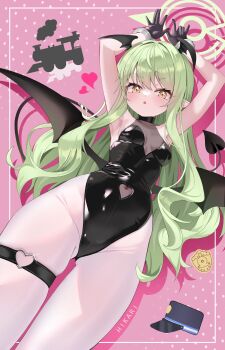 1girl absurdres blue_archive blush cuffs demon_girl demon_tail demon_wings gloves green_hair green_halo halo handcuffs hat head_wings highres hikari_(blue_archive) j.j_(66752902) late loli long_hair looking_at_viewer navel open_mouth pantyhose petite pink_background playboy_bunny pointy_ears solo tail thighs train white_pantyhose wings yellow_eyes