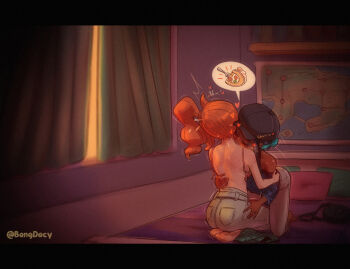 artist_name bag bang_dacy bare_shoulders bed bedroom black_hair blue_hair blush bra cake closed_eyes curtains dark-skinned_female dark_skin food fork handbag hat heart highres kiss kissing_neck long_hair map multicolored_hair multiple_girls nessa_(pokemon) nintendo orange_hair pants pokemon pokemon:_twilight_wings pokemon_swsh seiza side_ponytail sitting sonia_(pokemon) two-tone_hair underwear undressing window yuri