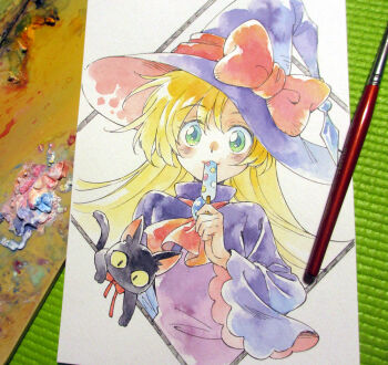 1girl agahari animal art_brush art_tools_in_frame ascot black_cat black_eyes blonde_hair bow bowtie brooch cat clothed_animal colored_sclera commentary_request dress food food_in_mouth green_eyes hat hat_bow holding holding_food holding_popsicle jewelry long_hair looking_at_viewer mascot paintbrush painting_(medium) photo_(medium) popsicle popsicle_in_mouth purple_dress purple_hat red_ascot red_bow red_bowtie sentan_(company) smile solo traditional_media upper_body wide_sleeves witch witch_hat yellow_sclera