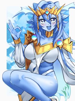 Rule 34 | 1girl, blue eyes, blue hair, blue skin, blue tongue, blush, breasts, cleavage, clothing cutout, colored skin, colored tongue, cotan (actancyaga), dominus impulse, duel monster, gold tiara, highres, jewelry, large breasts, leotard, looking at viewer, midriff, navel, ok sign, pelvic curtain, shoulder pads, sitting, smile, solo, stomach cutout, thighs, tiara, white leotard, yu-gi-oh!