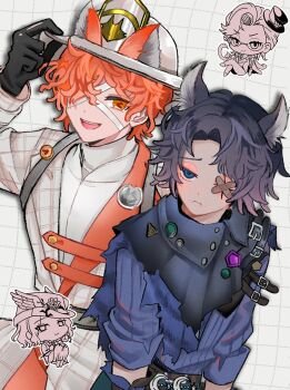 1girl 3boys :d animal_ears arched_lower_eyelids bandaid_on_eye black_gloves blue_eyes blue_hair blue_shirt cat_boy cat_ears chibi coat crossed_bandaids curly_hair evelyn_mora evelyn_mora_(plea_to_the_depths) face_piercing florian_brand florian_brand_(proposal) fox_boy fox_ears frown gloves gu_nmm hair_intakes hand_on_headwear hat highres identity_v jitome lip_piercing looking_at_viewer male_focus matthias_czernin matthias_czernin_(striding_between_realms) multiple_boys official_alternate_costume open_mouth orange_hair piercing plaid_clothes plaid_coat raised_inner_eyebrows red_pupils richard_sterling richard_sterling_(art_dealer) shirt smile symbol-shaped_pupils turtleneck upper_body wavy_hair white_coat white_hat white_shirt yellow_eyes