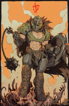 Rule 34 | 1girl, abs, armor, assault visor, belt, blood, breasts, cleavage, corpse, doom: the dark ages, doom (series), doomguy, flail, gauntlets, genderswap, genderswap (mtf), green armor, helmet, highres, holding, holding flail, holding shield, holding weapon, kajin (kajinman), large breasts, midriff, navel, pauldrons, pile of corpses, shield, shoulder armor, solo, space marine, spiked shield, weapon