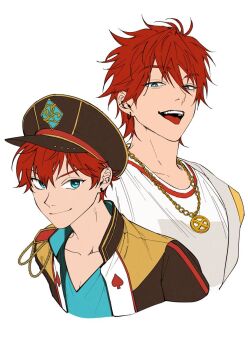 Rule 34 | 2boys, aiguillette, amagi hiiro, amagi rinne, bad id, bad twitter id, black hat, black jacket, blue eyes, blue shirt, brothers, chain, chain necklace, collarbone, commentary, cropped shoulders, earrings, eizi, ensemble stars!, epaulettes, fangs, gold chain, gold necklace, gold trim, grin, hair between eyes, hat, high collar, highres, hoop earrings, jacket, jewelry, looking at viewer, male focus, multiple boys, necklace, open clothes, open jacket, open mouth, peaked cap, raised eyebrows, red hair, red trim, shirt, short hair, siblings, simple background, single off shoulder, smile, spade (shape), tongue, tongue out, two-sided fabric, two-sided jacket, v-neck, v-shaped eyebrows, white background, white jacket, white shirt, yellow jacket