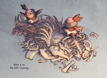 animal_focus animal_skeleton bird bone character_name commentary_request dated full_body gen_5_pokemon grey_background nintendo no_humans odo_7ta open_mouth pokedex_number pokemon pokemon_(creature) pokemon_focus smile vullaby