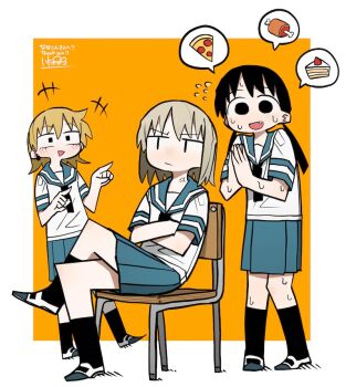 +++ 3girls anger_vein angry apologizing behind_another black_eyes black_necktie black_socks blonde_hair blue_sailor_collar blue_skirt blush boned_meat border brown_hair cake cake_slice chair commission crossed_legs ear_piercing fang flying_sweatdrops food frown full_body hatopopoko heisei_umare jitome laughing long_hair looking_at_another low_twintails meat medium_hair multiple_girls necktie nervous_sweating on_chair orange_background outside_border own_hands_together palms_together piercing pigeon-toed pizza pizza_slice pleated_skirt pointing pointing_at_another sailor_collar satou_(heisei_umare) school_chair shirt shoes short_sleeves simple_background sitting skeb_commission skirt smile socks spoken_food standing sweat takagi_yuka twintails uwabaki white_border white_shirt yomura_yuri |_|