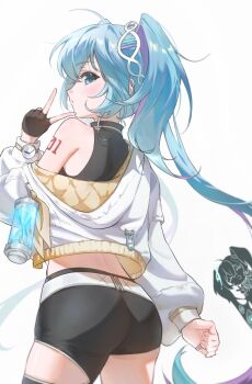 Rule 34 | 1girl, ass, asymmetrical legwear, belt, black gloves, black shorts, blue eyes, blue hair, colored inner hair, cowboy shot, crop top, cropped jacket, cropped shirt, fingerless gloves, from behind, gloves, hand up, hashtag-only commentary, hatsune miku, highres, jacket, long hair, long sleeves, looking at viewer, multicolored hair, mumu 123454321, number tattoo, parted lips, pink hair, puffy sleeves, quilted jacket, shirt, shorts, shoulder tattoo, simple background, single bare shoulder, single fingerless glove, single off shoulder, sleeve cuffs, sleeveless, sleeveless shirt, sleeves past wrists, solo, standing, tattoo, turning head, turtleneck, turtleneck shirt, twintails, uneven twintails, v, very long hair, vocaloid, watch, white background, white belt, white jacket, white shirt, wristwatch, wristwatch over clothes