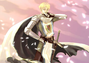 Rule 34 | 1boy, armor, belt, black gloves, blonde hair, brown belt, brown pants, cape, chainmail, closed mouth, commentary request, cowboy shot, dated commentary, emblem, gauntlets, gloves, knight (ragnarok online), male focus, oomojiya, pants, pauldrons, petals, purple background, ragnarok online, scabbard, sheath, short hair, shoulder armor, solo, sword, tabard, weapon, white cape, white tabard
