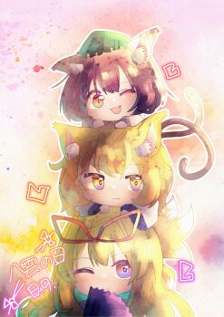 3girls :| ;) ;d absurdres animal_ear_fluff animal_ears blonde_hair blush cat_ears cat_girl cat_tail chen closed_mouth commentary drawn_heart family fang fox_ears fox_girl fox_tail frilled_hat frills getsurai green_hat hat highres human_tower kitsune kyuubi looking_at_viewer mob_cap multiple_girls multiple_tails no_headwear one_eye_closed open_mouth outline smile stacking tail touhou translation_request two_tails white_outline yakumo_ran yakumo_yukari yellow_eyes