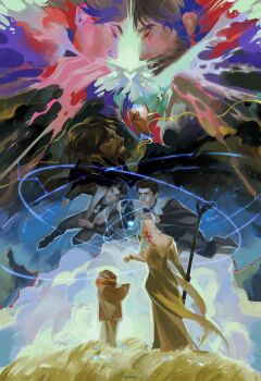 2boys absurdres arcane:_league_of_legends arcane_jayce beard black_pants brown_shirt child clenched_teeth closed_eyes facial_hair hextech_crystal highres holding holding_staff izyumn jayce_(league_of_legends) league_of_legends looking_at_another male_focus multiple_boys pants robe shirt smile staff teeth vest viktor_(arcane) viktor_(league_of_legends) white_hair white_robe white_vest