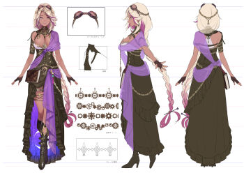 1girl absurdres back black_boots book boots braid braided_ponytail breasts buckle_boot cleavage corset dark-skinned_female dark_skin fingerless_gloves full_body gloves goggles goggles_on_head gradient_hair high_heel_boots high_heels highres indie_virtual_youtuber iori_nichi jewelry long_hair multicolored_eyes multicolored_hair multiple_views purple_hair purple_sash reference_sheet sash senya_ichiya standing strap streaked_hair white_hair