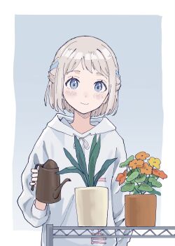 1girl blue_background blue_eyes blush border closed_mouth gakuen_idolmaster grey_hair highres holding holding_watering_can hood hoodie idolmaster katsuragi_lilja kotsume_kws3 looking_at_viewer plant potted_plant short_hair smile solo upper_body watering_can white_border white_hoodie
