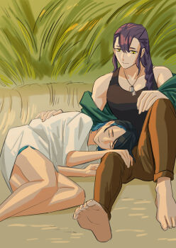 2girls absurdres barefoot black_hair black_tank_top blue_hair brown_pants closed_eyes closed_mouth colored_inner_hair commentary_request dog_tail green_jacket gundam gundam_suisei_no_majo hand_on_another&#039;s_back hand_on_another&#039;s_thigh highres jacket korean_commentary lap_pillow long_hair multicolored_hair multiple_girls nika_nanaura off_shoulder outdoors pants purple_hair sabina_fardin shirt short_hair short_sleeves sleeping snapagi tail tank_top toes white_shirt yellow_eyes yuri