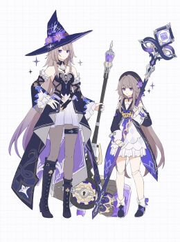 2girls ascot beret boots brown_hair choker clothing_cutout detached_sleeves doll_joints dress grid_background hammer hashtag-only_commentary hat herta_(honkai:_star_rail) herta_(puppet)_(honkai:_star_rail) high_heel_boots high_heels highres holding holding_weapon honkai:_star_rail honkai_(series) joints key ki_ii37 multiple_girls pantyhose purple_eyes sparkle the_herta_(honkai:_star_rail) thigh_strap weapon witch_hat