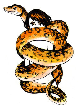 1girl arms_at_sides blank_stare colored_skin commentary english_commentary expressionless facing_viewer food fruit greyscale heikala highres inktober monochrome nude orange_(fruit) original python short_hair simple_background snake standing white_background white_skin