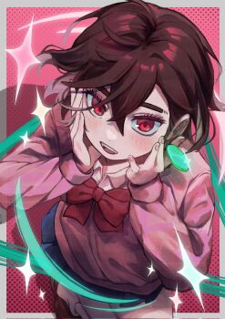 1girl ayase_momo blue_skirt boots bow bowtie brown_hair brown_shoes collared_shirt commentary crossed_bangs dandadan earrings from_above grey_boots hair_between_eyes hands_on_own_cheeks hands_on_own_face highres jewelry light_blush loafers looking_at_viewer medium_hair mi1129200 open_mouth pink_background pink_sweater red_bow red_bowtie red_eyes school_uniform shirt shirt_under_sweater shoes skirt smile socks solo sparkle sweater symbol-only_commentary white_shirt white_socks