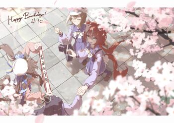Rule 34 | 4girls, absurdres, animal ears, auklet5580, bag, beret, birthday sash, blush, bow, bowtie, breasts, brown hair, brown shoes, cardigan, cherry blossoms, cheval grand (umamusume), closed eyes, collarbone, commentary request, ear covers, ears through headwear, feather hair ornament, feathers, green eyes, hair between eyes, hair ornament, hat, hat belt, highres, holding, holding bag, holding hands, horse ears, horse girl, horse tail, long hair, low twintails, multicolored hair, multiple girls, open mouth, outdoors, pink cardigan, pleated skirt, purple sailor collar, purple serafuku, purple shirt, purple skirt, purple thighhighs, red hair, sailor collar, sailor shirt, school bag, school uniform, serafuku, shirt, shoes, siblings, single ear cover, sisters, skirt, small breasts, smile, streaked hair, tail, thighhighs, tracen school uniform, twintails, umamusume, v sisters, verxina (umamusume), vivlos (umamusume), white bow, white bowtie, white hat, win variation (umamusume)