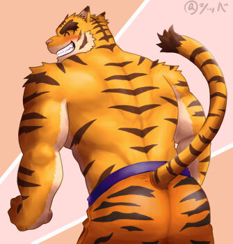 1boy animal_ears animal_print bara blush closed_eyes commentary_request from_behind furry furry_male grin looking_back male_focus morenatsu orange_pants pants smile tail tiger_boy tiger_ears tiger_print tiger_stripes tiger_tail torahiko_oshima voitman2024 yellow_fur