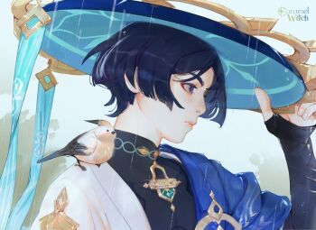 1boy animal animal_on_shoulder artist_name bird bird_on_shoulder black_gloves black_shirt blue_eyes blue_hair blunt_ends caramelwitch closed_mouth commentary_request expressionless eyeliner finch fingerless_gloves from_side genshin_impact gloves gold han'eri hand_on_headwear hand_up hat japanese_clothes jingasa kimono long_sleeves looking_ahead looking_to_the_side makeup male_focus mandarin_collar outdoors pale_skin parted_hair portrait profile rain red_eyeliner russian_commentary scaramouche_(genshin_impact) shirt short_hair solo wanderer_(genshin_impact) white_kimono