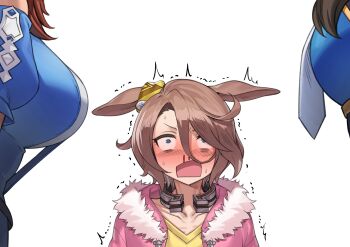 3girls absurdres admire_vega_(starry_nocturne)_(umamusume) admire_vega_(umamusume) animal_ears blood blue_eyes breast_awe breast_focus breasts brown_hair collarbone commentary ear_ornament fukuro_(maruaru00) fur-trimmed_jacket fur_trim hair_between_eyes hair_over_one_eye highres horse_ears horse_girl horseshoe jacket long_bangs multiple_girls narita_taishin_(nevertheless)_(umamusume) narita_taishin_(umamusume) necktie nosebleed sidelocks simple_background single_hair_intake super_creek_(murmuring_stream)_(umamusume) super_creek_(umamusume) trembling umamusume upper_body white_background white_necktie