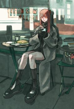 bag black_dress black_gloves black_shoes black_socks cafe chainsaw_man character_charm character_name charm_(object) closed_mouth coat commentary_request copyright_name cup dress gloves grey_coat highres holding holding_cup light_smile long_coat long_hair looking_at_viewer makima_(chainsaw_man) pochita_(chainsaw_man) red_eyes red_hair shoes shopping_bag short_dress sitting socks steaming_cup straight_hair table takeuchi_ryousuke turtleneck turtleneck_dress