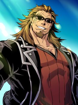 Rule 34 | 1boy, beard, black jacket, brown hair, commentary request, facial hair, fate/apocrypha, fate (series), jacket, medium hair, open clothes, open jacket, red shirt, ryuuki garyuu, scar, scar across eye, scar on face, shirt, shishigou kairi, smile, solo, sunglasses