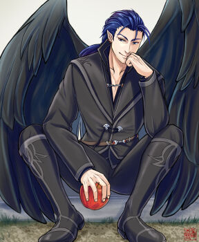 Rule 34 | 1boy, absurdres, apple, blue eyes, blue hair, commentary request, earrings, feathered wings, fire emblem, fire emblem: path of radiance, food, fruit, highres, holding, holding food, holding fruit, jewelry, kousetu0506, long hair, male focus, naesala (fire emblem), nintendo, pointy ears, ponytail, sitting, solo, wings