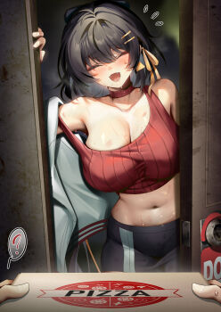 1girl 1other :d ? absurdres alternate_costume bare_shoulders bite_mark bite_mark_on_breast black_hair black_skirt blush box breasts breath choker closed_eyes collarbone colored_inner_hair commentary cowboy_shot crop_top doorway earrings facing_viewer female_rover_(wuthering_waves) flying_sweatdrops from_front from_outside hair_ribbon hickey highres holding holding_box hood hood_down hoodie huge_breasts jewelry long_hair multicolored_hair navel open_clothes open_hoodie open_mouth paid_reward_available pov pov_doorway pov_hands red_choker red_shirt ribbon rourou_(been) rover_(wuthering_waves) shirt skirt smile spoken_question_mark steaming_body stomach strap_slip sweat sweatdrop triangle_earrings white_hair white_hoodie wuthering_waves yellow_ribbon