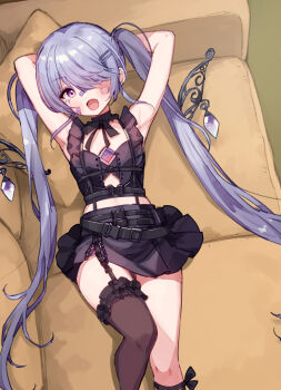 1girl :d absurdres armpits arms_behind_head bandaid bandaid_on_cheek bandaid_on_face bandaid_on_nose belt black_ribbon black_skirt blush buckle chest_jewel commentary_request couch flat_chest from_above grey_hair hair_ornament hair_over_one_eye hairclip highres hololive hololive_english jewel_under_eye koseki_bijou koseki_bijou_(casual) long_hair looking_at_viewer lying nanado_shion neck_ribbon official_alternate_costume on_couch open_mouth pleated_skirt purple_eyes ribbon single_thighhigh skirt smile snap-fit_buckle solo stomach thighhighs twintails very_long_hair virtual_youtuber wings
