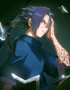 Rule 34 | 1boy, absurdres, black hair, blue shirt, body markings, commentary request, dark background, highres, male focus, naruto (classic), naruto (series), ossan zabi 190, red eyes, sharingan, shirt, short hair, shuriken, solo, uchiha sasuke, upper body, weapon