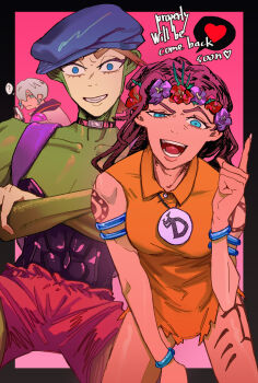 1girl 2boys ? abs arm_tattoo armlet beret black_corset blue_eyes blue_hat bodysuit border bracelet breasts brooch brown_hair cellphone choker collared_jumpsuit commentary_request corset crossed_arms dark-skinned_female dark_skin dragona_joestar earrings english_text flower flower_wreath green_bodysuit green_eyes grey_hair grey_shirt hat head_wreath heart highres holding holding_phone index_finger_raised jewelry jodio_joestar jojo_no_kimyou_na_bouken jumpsuit leaning_forward leg_tattoo long_hair long_sleeves looking_at_viewer multiple_boys open_mouth orange_jumpsuit phone pink_background pink_choker purple_flower red_flower red_shorts shirt short_hair shorts shoulder_tattoo sleeveless_jumpsuit small_breasts smartphone smile speech_bubble tattoo teeth the_jojolands torn_clothes torn_jumpsuit uneven_eyes usagi_aloha&#039;oe user_zene2457