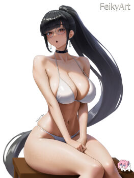 1girl 2025 :o artist_name bikini black_choker black_hair blunt_bangs breasts brown_eyes choker cleavage commentary creature doro_(nikke) earrings english_commentary eve_(stellar_blade) feikyart female_focus floating_earrings glasses goddess_of_victory:_nikke highres jewelry large_breasts long_hair looking_at_viewer navel pink_hair ponytail sitting skindentation solo stellar_blade swimsuit twitter_username very_long_hair white_background white_bikini